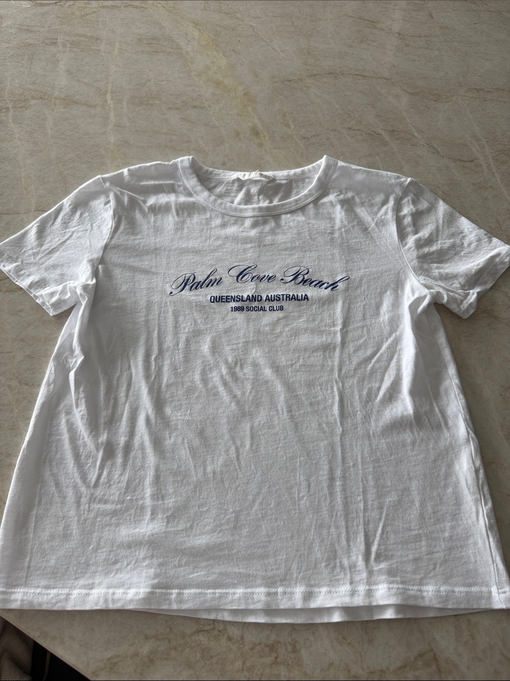 Zara White Tee with Navy 'Palm Cove Beach' Graphic